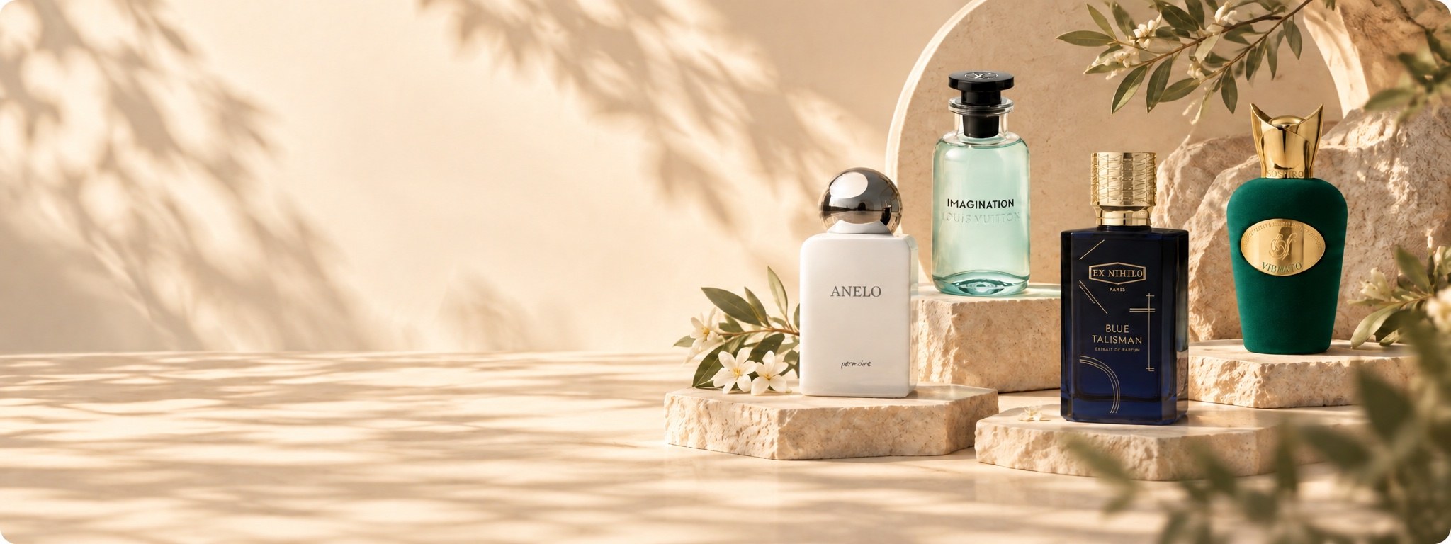 Niche fragrance bottles arranged on travertine plinths in warm daylight